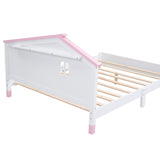 English Elm Full Size Wood Platform Bed With House-Shaped Headboard (White+Pink)