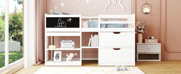 English Elm Twin Low Loft Bed with Rolling Desk Built in Shelving and Underbed Drawers for Kids White LT000135AAK