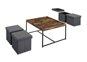 English Elm Vinny Square Coffee Table Set with Four Nesting Storage Stools for Modern Living Brown Oak B061110725