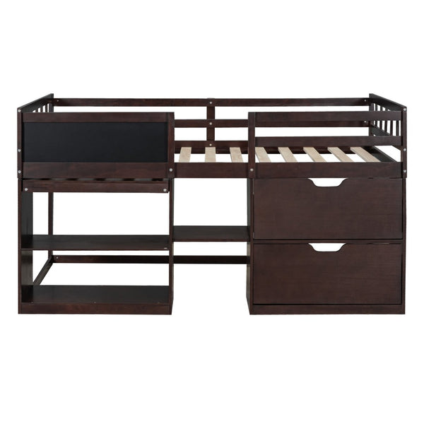 English Elm Twin Low Loft Bed with Rolling Desk Built in Shelving and Underbed Drawers for Kids Espresso LT000135AAP