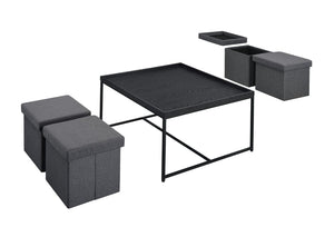 English Elm Vinny Square Coffee Table Set with Four Nesting Storage Stools for Modern Living Black B061110726