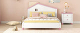 English Elm Full Size Wood Platform Bed With House-Shaped Headboard (White+Pink)