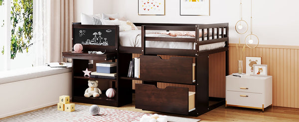 English Elm Twin Low Loft Bed with Rolling Desk Built in Shelving and Underbed Drawers for Kids Espresso LT000135AAP