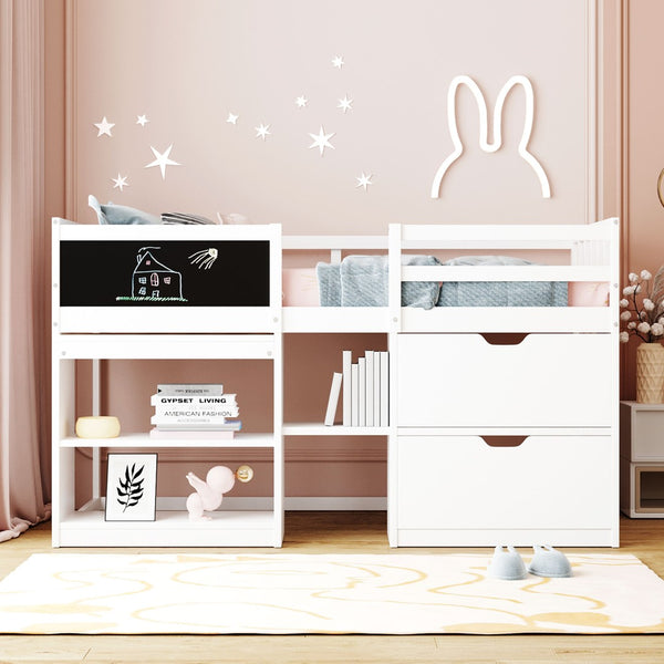 English Elm Twin Low Loft Bed with Rolling Desk Built in Shelving and Underbed Drawers for Kids White LT000135AAK