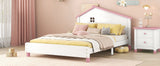 English Elm Full Size Wood Platform Bed With House-Shaped Headboard (White+Pink)