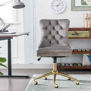 English Elm A&A Velvet Tufted Office Chair with Gold Metal Base — Adjustable Swivel Desk Chair, Luxurious Comfort Gray W114378930