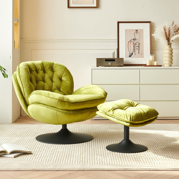 English Elm Swivel Lounge Chair with Ottoman Button Tufted Velvet Accent Seat for Living Room W1805103944