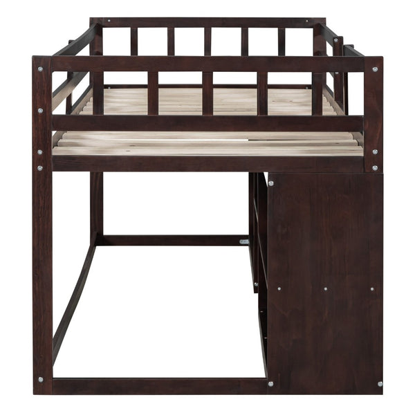 English Elm Twin Low Loft Bed with Rolling Desk Built in Shelving and Underbed Drawers for Kids Espresso LT000135AAP