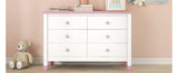 English Elm Wooden Storage Dresser With 6 Drawers,Storage Cabinet For Kids Bedroom,White+Pink