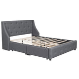 Hearth and Haven Upholstered Platform Bed with Wingback Tufted Headboard and 4 Drawers, No Box Spring Needed, Linen Fabric, Queen Size Gray HL000035AAE