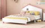 English Elm Full Size Wood Platform Bed With House-Shaped Headboard (White+Pink)