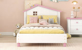 English Elm Twin Size Wood Platform Bed With House-Shaped Headboard (White+Pink)