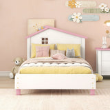 English Elm Twin Size Wood Platform Bed With House-Shaped Headboard (White+Pink)