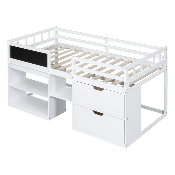 English Elm Twin Low Loft Bed with Rolling Desk Built in Shelving and Underbed Drawers for Kids White LT000135AAK