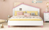 English Elm Full Size Wood Platform Bed With House-Shaped Headboard (White+Pink)