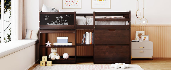 English Elm Twin Low Loft Bed with Rolling Desk Built in Shelving and Underbed Drawers for Kids Espresso LT000135AAP