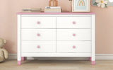 English Elm Wooden Storage Dresser With 6 Drawers,Storage Cabinet For Kids Bedroom,White+Pink