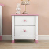 Wooden Nightstand with Two Drawers For Kids, End Table For Bedroom, White+Pink