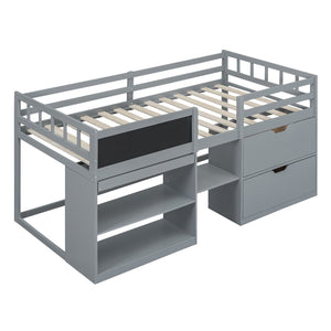 English Elm Twin Low Loft Bed with Rolling Desk Built in Shelving and Underbed Drawers for Kids Gray LT000135AAE