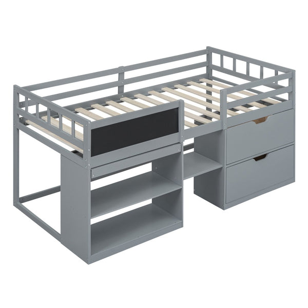 English Elm Twin Low Loft Bed with Rolling Desk Built in Shelving and Underbed Drawers for Kids Gray LT000135AAE