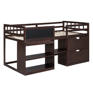 English Elm Twin Low Loft Bed with Rolling Desk Built in Shelving and Underbed Drawers for Kids Espresso LT000135AAP