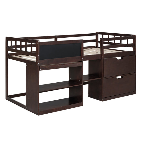 English Elm Twin Low Loft Bed with Rolling Desk Built in Shelving and Underbed Drawers for Kids Espresso LT000135AAP