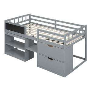 English Elm Twin Low Loft Bed with Rolling Desk Built in Shelving and Underbed Drawers for Kids Gray LT000135AAE
