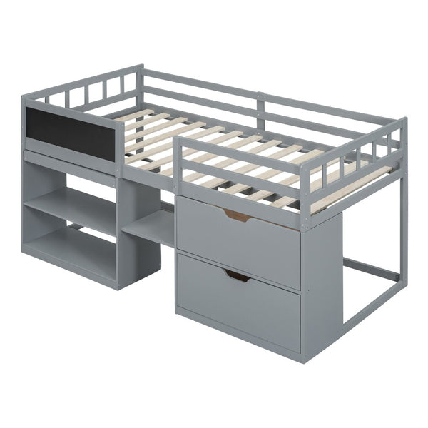English Elm Twin Low Loft Bed with Rolling Desk Built in Shelving and Underbed Drawers for Kids Gray LT000135AAE