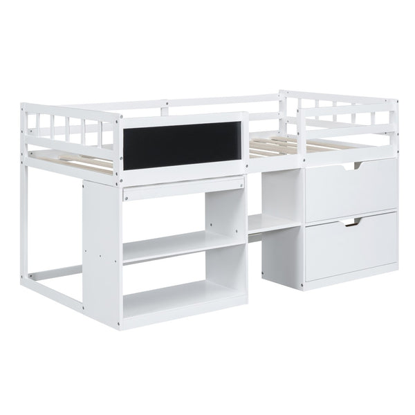 English Elm Twin Low Loft Bed with Rolling Desk Built in Shelving and Underbed Drawers for Kids White LT000135AAK