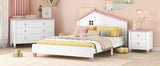 English Elm 3-Pieces Bedroom Sets Full Size Platform Bed With Nightstand and Storage Dresser,White+Pink