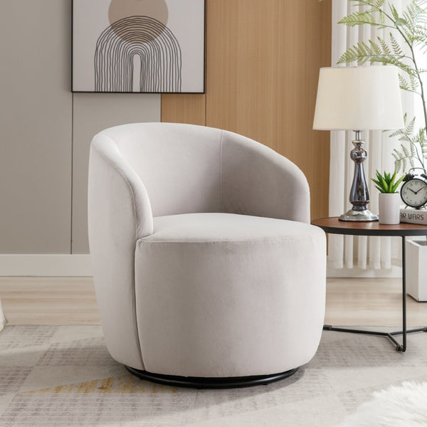 English Elm Velvet Barrel Swivel Chair with Black Metal Ring Base for Living Room Bedroom Gray W52780817