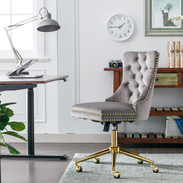 English Elm A&A Velvet Tufted Office Chair with Gold Metal Base — Adjustable Swivel Desk Chair, Luxurious Comfort Gray W114378930