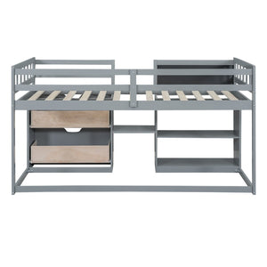 English Elm Twin Low Loft Bed with Rolling Desk Built in Shelving and Underbed Drawers for Kids Gray LT000135AAE