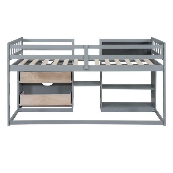 English Elm Twin Low Loft Bed with Rolling Desk Built in Shelving and Underbed Drawers for Kids Gray LT000135AAE