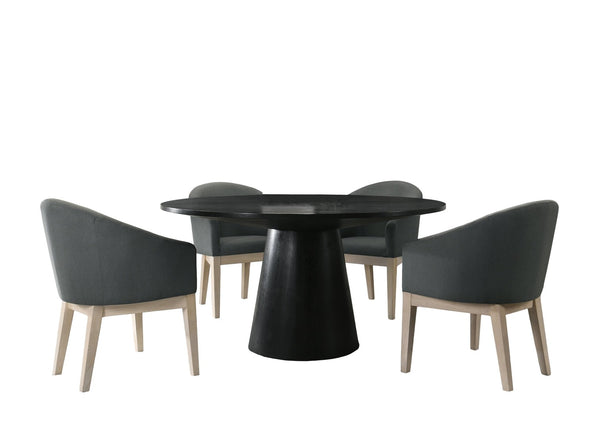 English Elm Jasper Round Pedestal Dining Set Seats Four with Wood Grain Top and Gray Chairs B061S00689