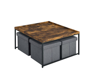 English Elm Vinny Square Coffee Table Set with Four Nesting Storage Stools for Modern Living Brown Oak B061110725