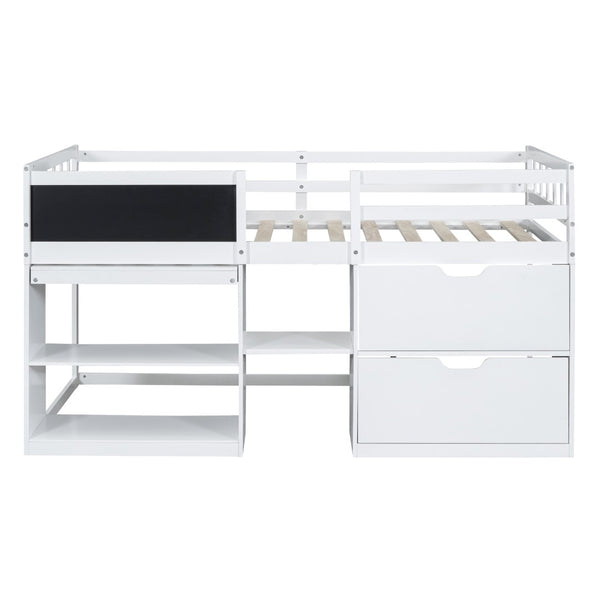 English Elm Twin Low Loft Bed with Rolling Desk Built in Shelving and Underbed Drawers for Kids White LT000135AAK