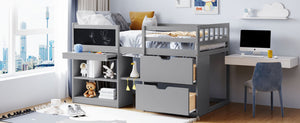 English Elm Twin Low Loft Bed with Rolling Desk Built in Shelving and Underbed Drawers for Kids Gray LT000135AAE