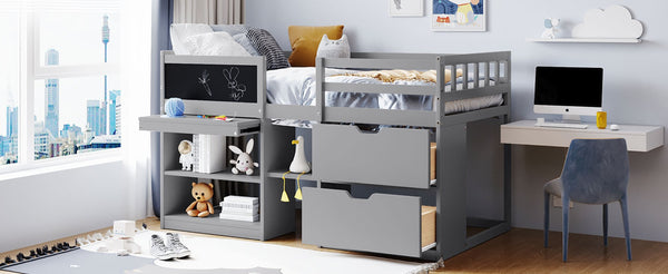 English Elm Twin Low Loft Bed with Rolling Desk Built in Shelving and Underbed Drawers for Kids Gray LT000135AAE