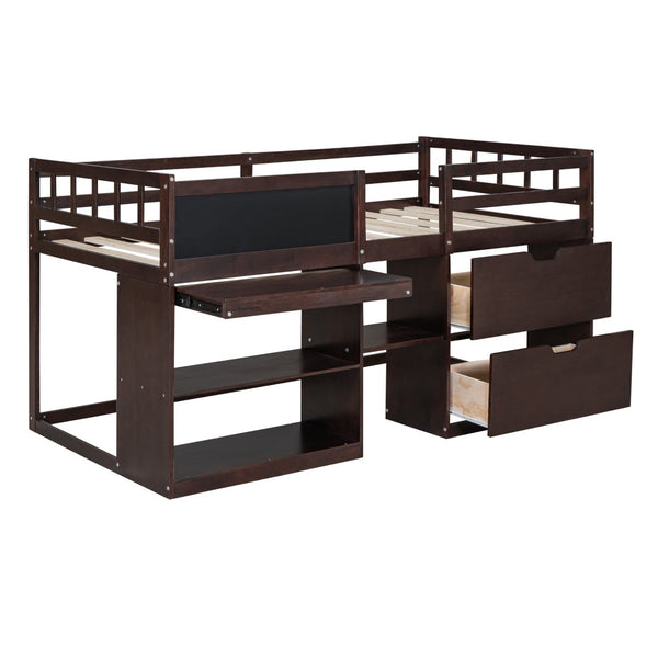 English Elm Twin Low Loft Bed with Rolling Desk Built in Shelving and Underbed Drawers for Kids Espresso LT000135AAP