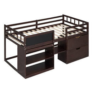 English Elm Twin Low Loft Bed with Rolling Desk Built in Shelving and Underbed Drawers for Kids Espresso LT000135AAP