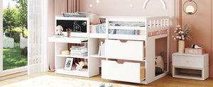 English Elm Twin Low Loft Bed with Rolling Desk Built in Shelving and Underbed Drawers for Kids White LT000135AAK
