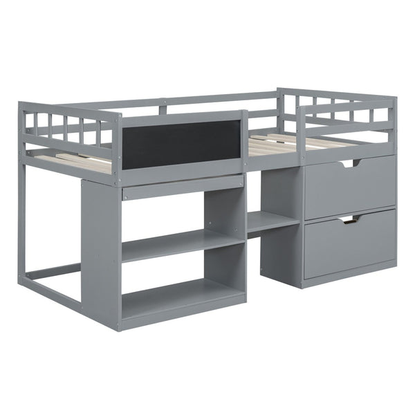 English Elm Twin Low Loft Bed with Rolling Desk Built in Shelving and Underbed Drawers for Kids Gray LT000135AAE