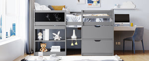 English Elm Twin Low Loft Bed with Rolling Desk Built in Shelving and Underbed Drawers for Kids Gray LT000135AAE