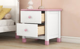 English Elm Wooden Nightstand With Two Drawers For Kids,End Table For Bedroom,White+Pink