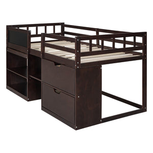 English Elm Twin Low Loft Bed with Rolling Desk Built in Shelving and Underbed Drawers for Kids Espresso LT000135AAP