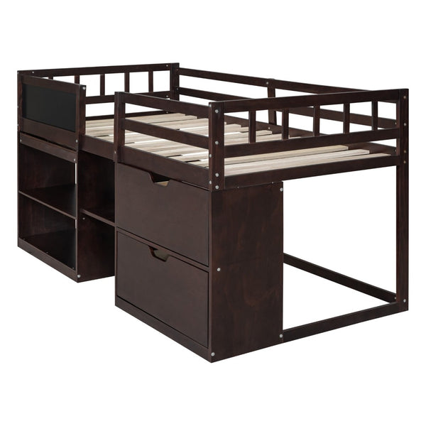 English Elm Twin Low Loft Bed with Rolling Desk Built in Shelving and Underbed Drawers for Kids Espresso LT000135AAP