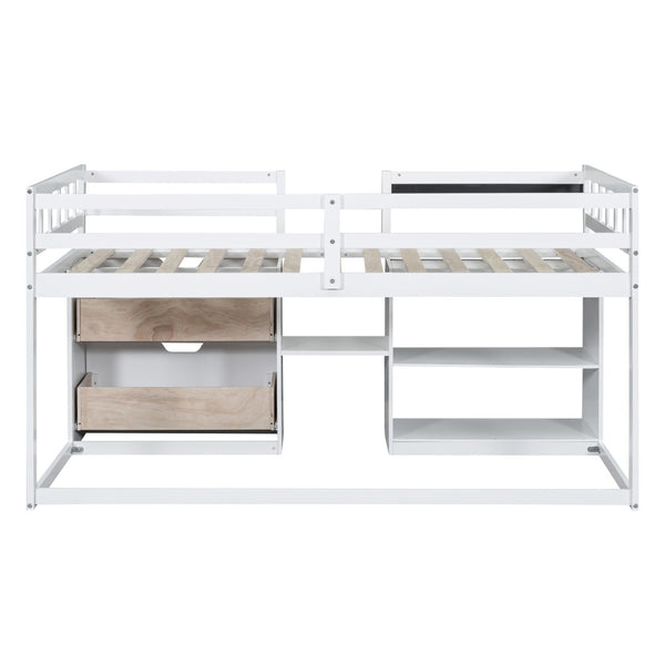 English Elm Twin Low Loft Bed with Rolling Desk Built in Shelving and Underbed Drawers for Kids White LT000135AAK