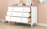 English Elm Wooden Storage Dresser With 6 Drawers,Storage Cabinet For Kids Bedroom,White+Pink