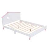 English Elm Full Size Wood Platform Bed With House-Shaped Headboard (White+Pink)